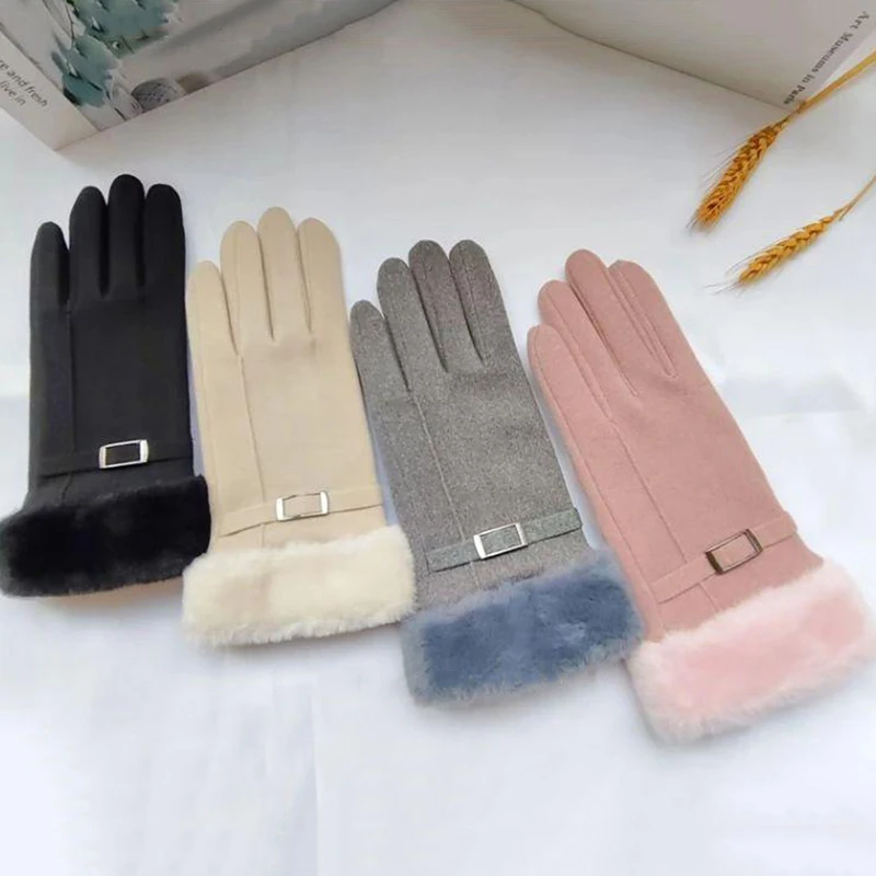 Guanti in pelle scamosciata caldi autunno inverno più guanti da polsino con decorazioni in peluche ispessito in velluto Guanti da sci da equitazione touchscreen resistenti al freddo per esterni