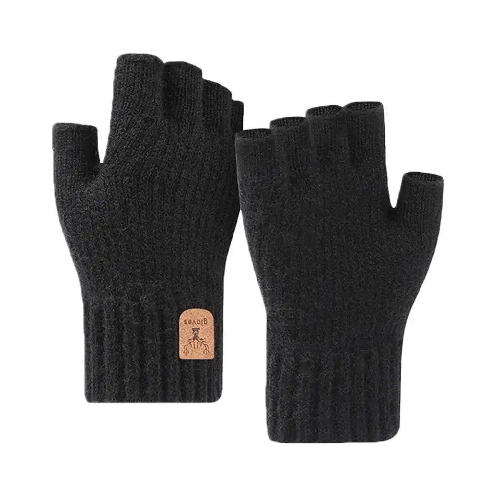 Winter Gloves For Men Half Finger Writting Office Cycling Knitted Gloves Students Alpaca Wool Warm Thick Elastic Driving Gloves