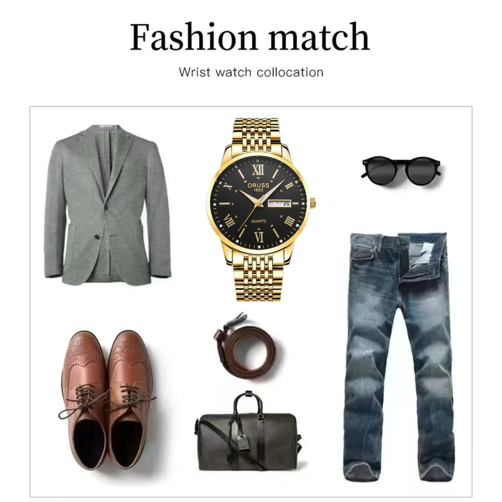 ORUSS оригинальные мужские часы из нержавеющей стали с двойным календарем, водонепроницаемые светящиеся роскошные золотые часы, модные кварцевые мужские наручные часы, лучший бренд