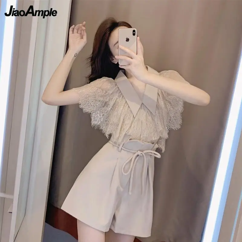 2024 New Summer Vintage Chic Shirt Top Wide Leg Shorts Two Piece Women Fashion Lace Blouse Pants Set Korean Elegant Casual Suit