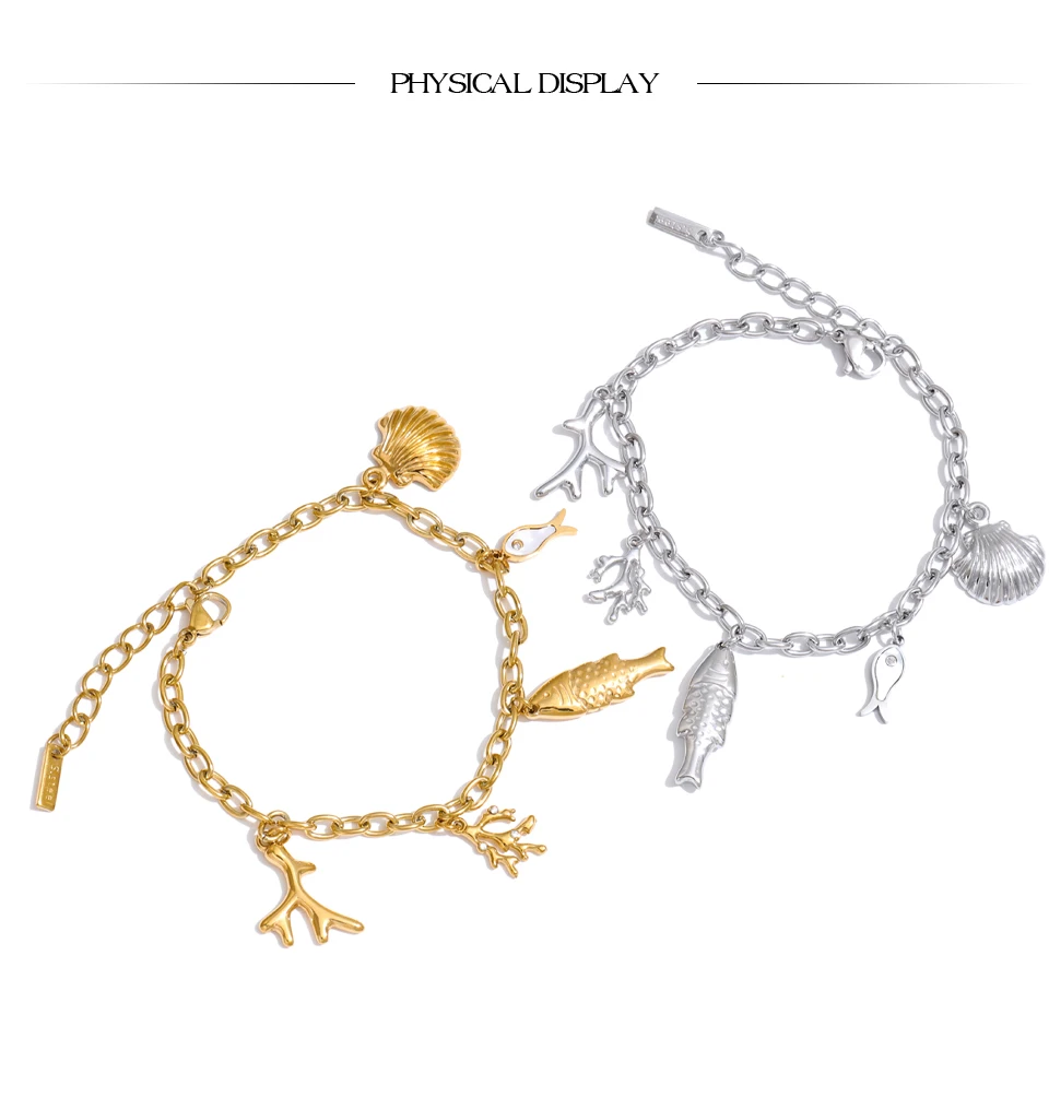 Yhpup Ocean Style Stainless Steel Chain Fish Shell Drop Bracelet Bangle 16K Golden PVD Plated Waterproof Summer Trendy Jewelry