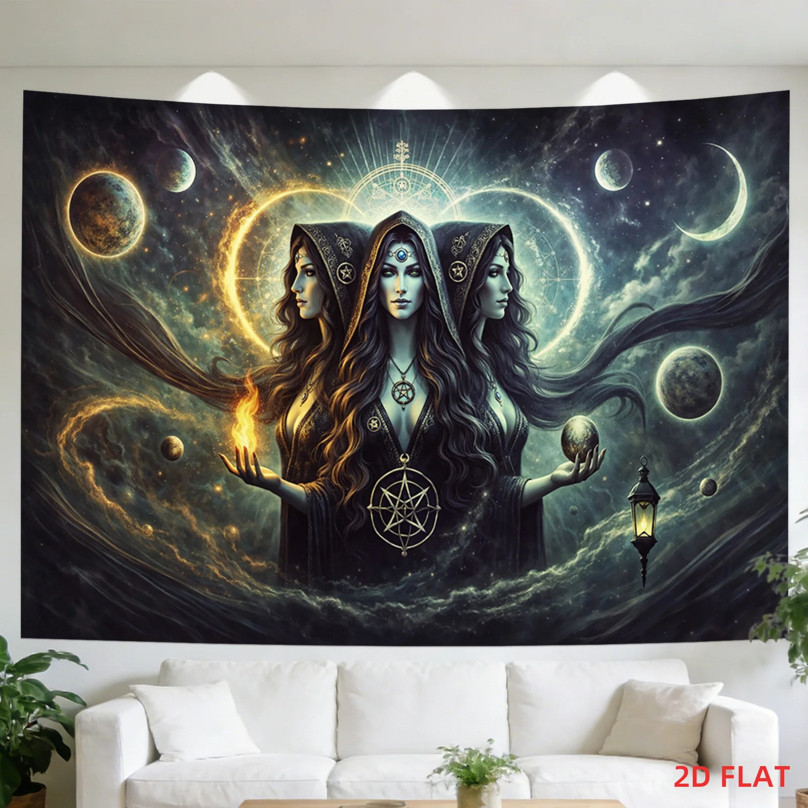 Triple Goddess Moon Phases Pentacle Starry Sky 2D Flat Tapestry Backdrop For Bedroom Decor Wiccan Witch Wall Hanging Art Print