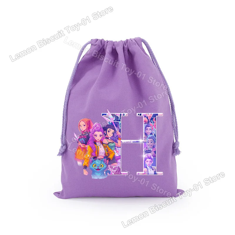 KPop 악마 사냥 시리즈 Drawstring 가방 보라색 문자 A-Z 여성 방진 메이크업 가방 귀여운 캔디 스낵 파우치 생일 선물