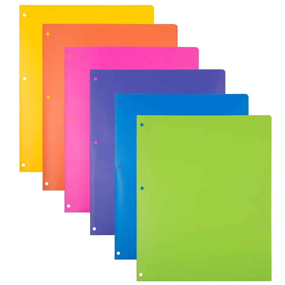 

Heavy Duty Plastic 3 Hole Punch School Folders with Pockets, 6 per Pack