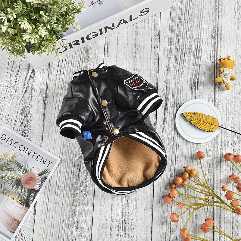 Pet Leather Jacket Dog Baseball Suit Teddy Bear with Plush Leather Jacket Dog Coat Autumn and Winter Clothing for Small Dogs