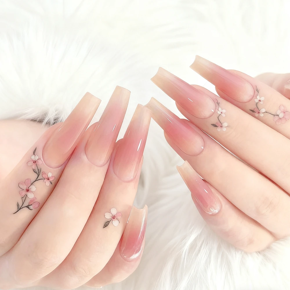 그라데이션 피치 아크릴 가짜 손톱 접착제 포함 긴 발레리나 관 모양 프레스온 네일 여성용 도매 DIY 매니큐어 도구