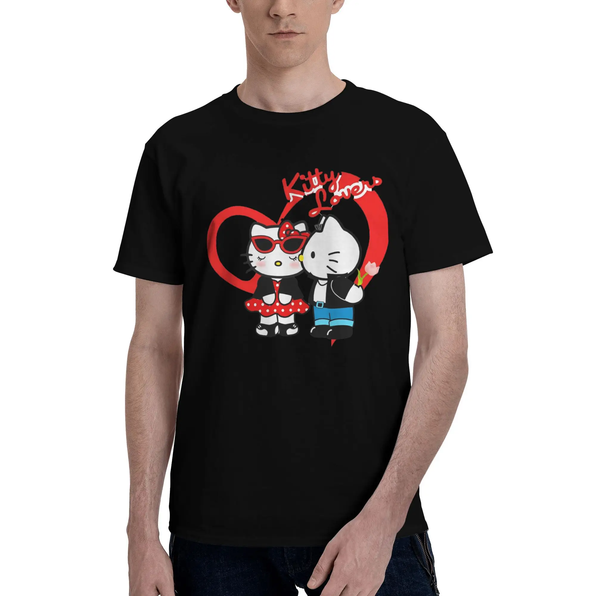 

Kawaii Hello Kitty Romantic Date Men's T Shirt Awesome Tee Shirt Short Sleeve Round Neck T-Shirts Pure Cotton Party Clothing