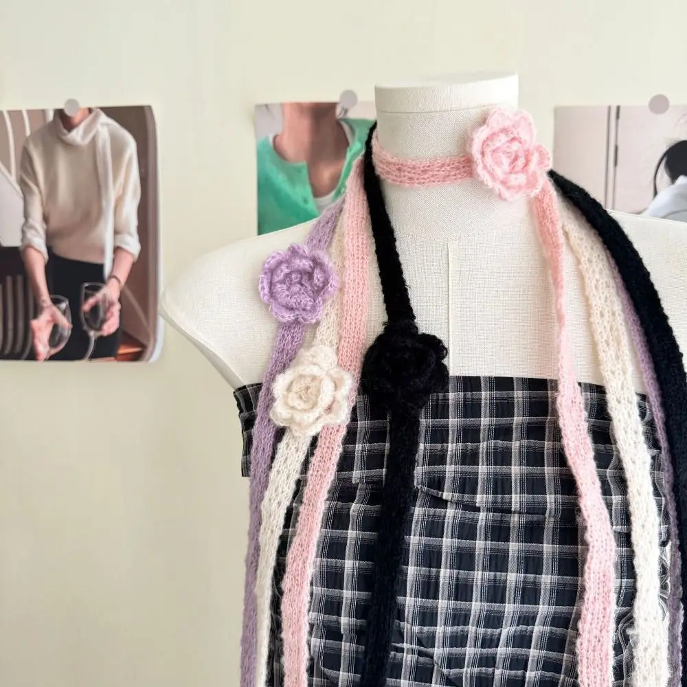 

Solid Color Rose Wool Shawl Dressing Decoration Handmade Crocheted Knitted Scarf Ribbon Korean Style Long Narrow Scarves Outdoor