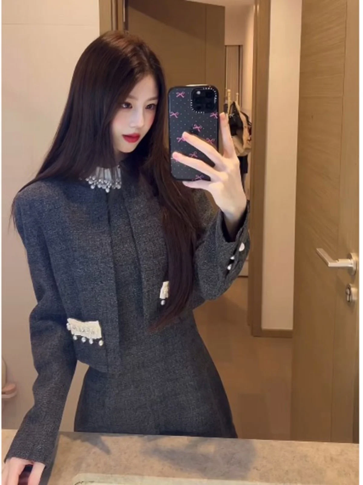 

Ele Rich Girl Unique Beautiful Two-Piece Set Sli Outerwear Dr Early Spring Faionable Cotton Long Sve round Ne