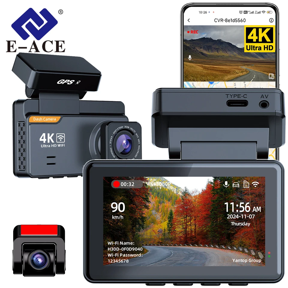 E-ACE Dash Cam 4K 3 Inch Mini Car Dvr Dual Lens With GPS WIFI 24h Parking 1080P Rear View Camera Night Vision Black Box