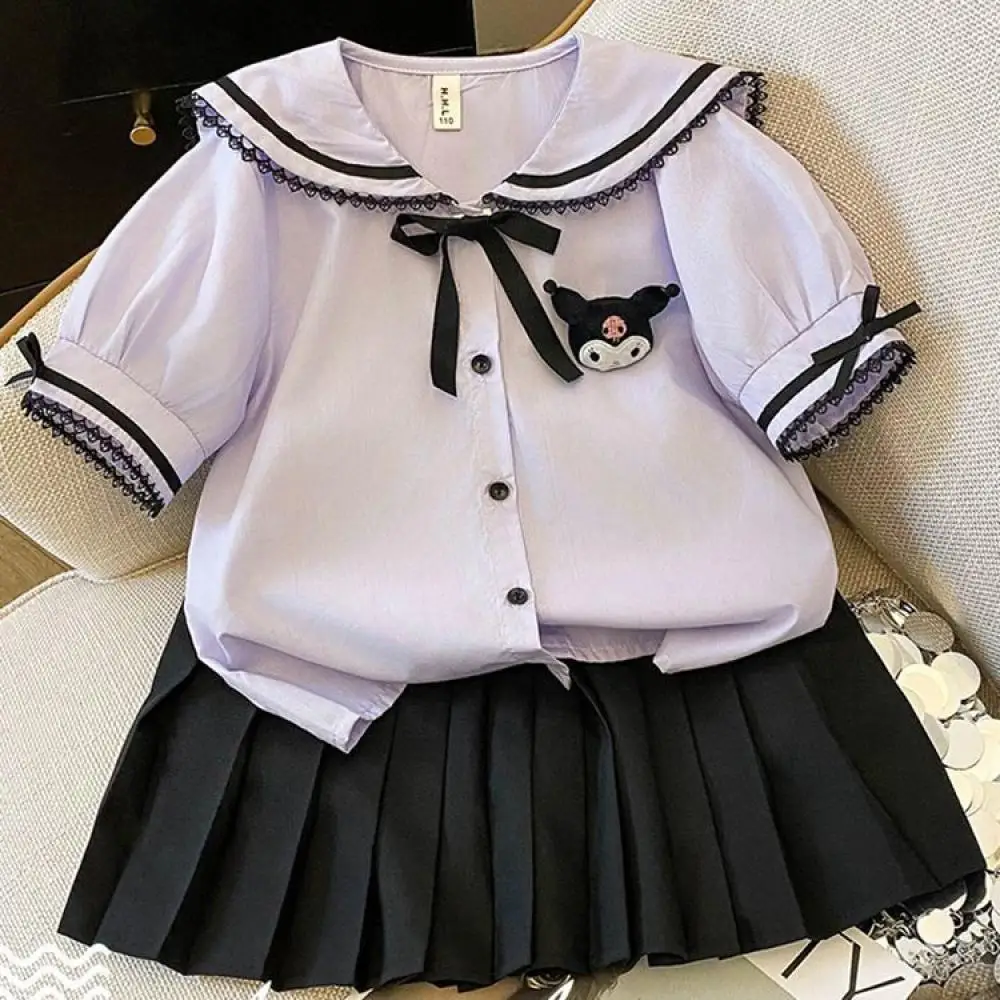 

Sanrio Kuromi Jk комплект с короткими рукавами для девочек, летняя футболка в студенческом стиле с героями мультфильмов, короткая юбка, костюмы, детские милые топы, плиссированная юбка