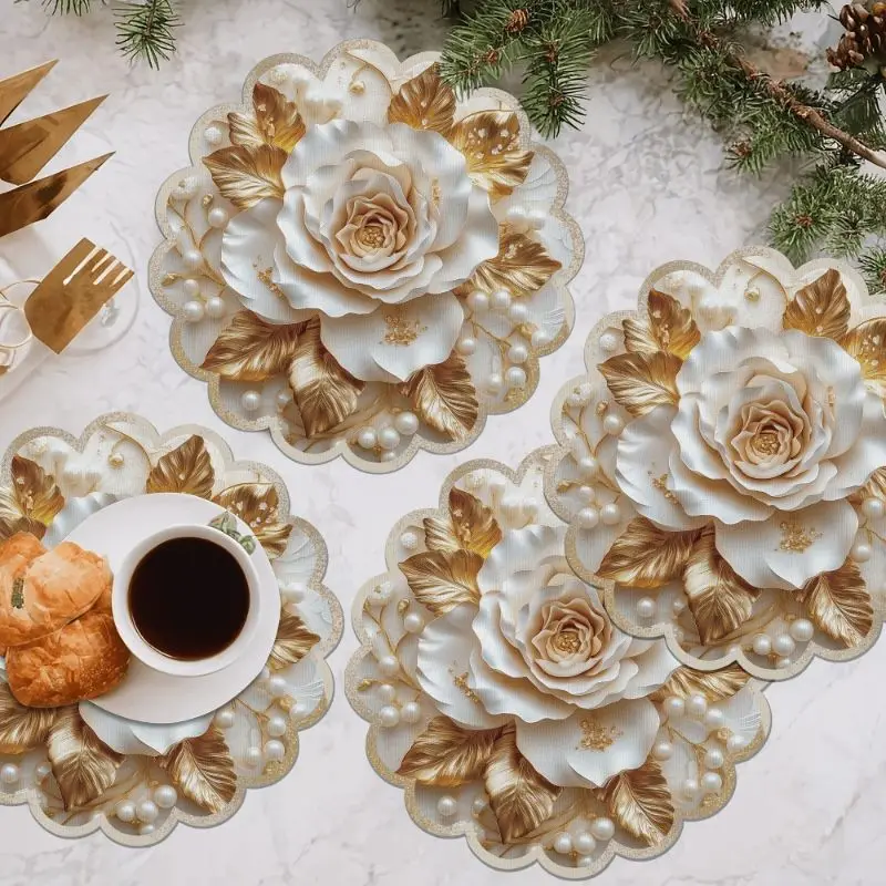 VIKAMA Ivory Gold Rose Pearl Placemat Scalloped Border Champagne Floral Bead Luxury Wedding Dining Table Mat Elegant Decor Soft
