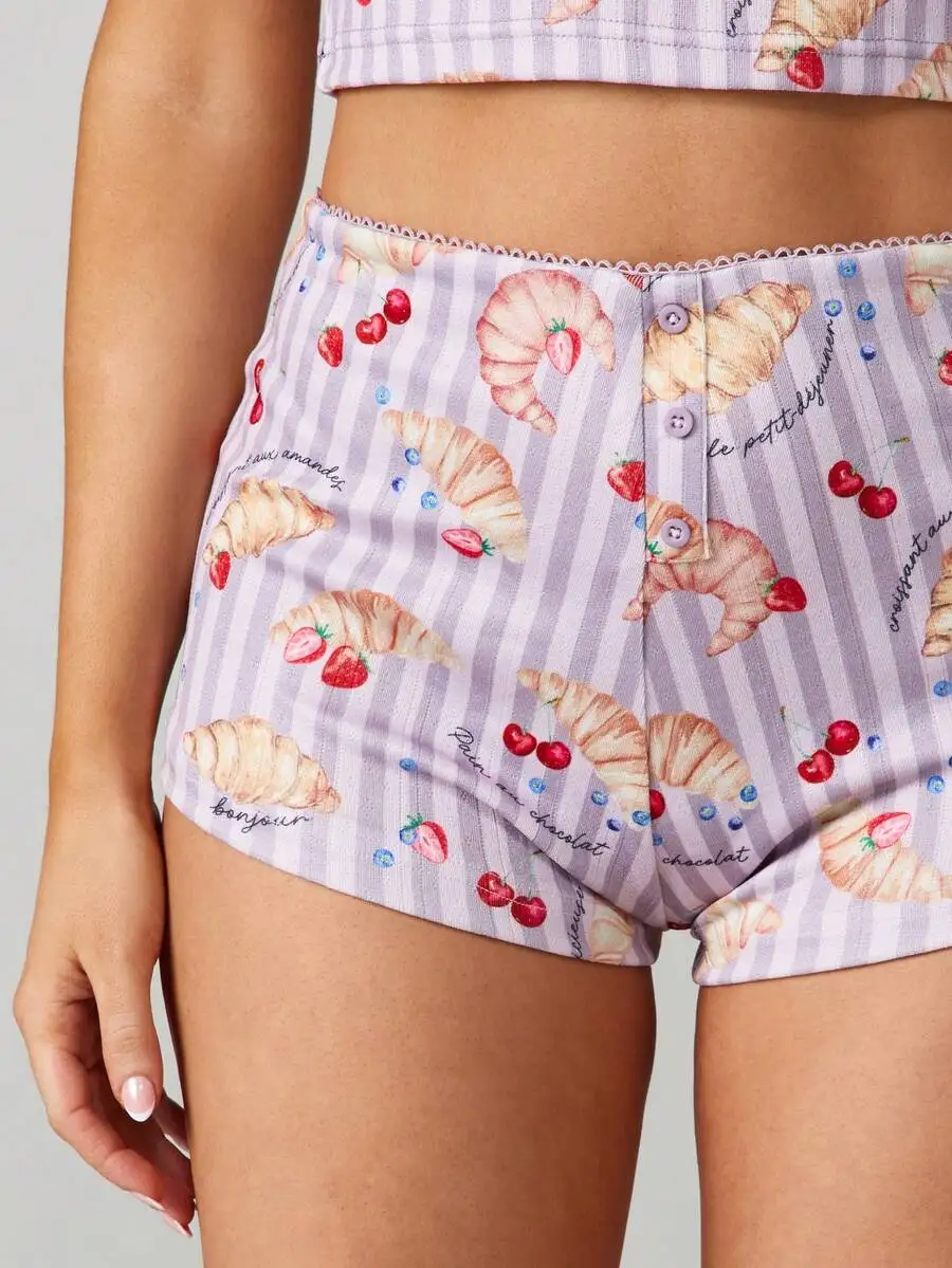 High Waist Croissant Cherry Print Sleep Shorts For Women Summer Lounge Comfortable Pajama
