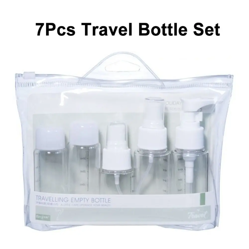 Juego de botellas recargables con bolsa de almacenamiento, Gel de ducha, crema facial, Kit de botellas de maquillaje, subbotella, bomba de champú, botella pulverizadora para mujer, 7 Uds.