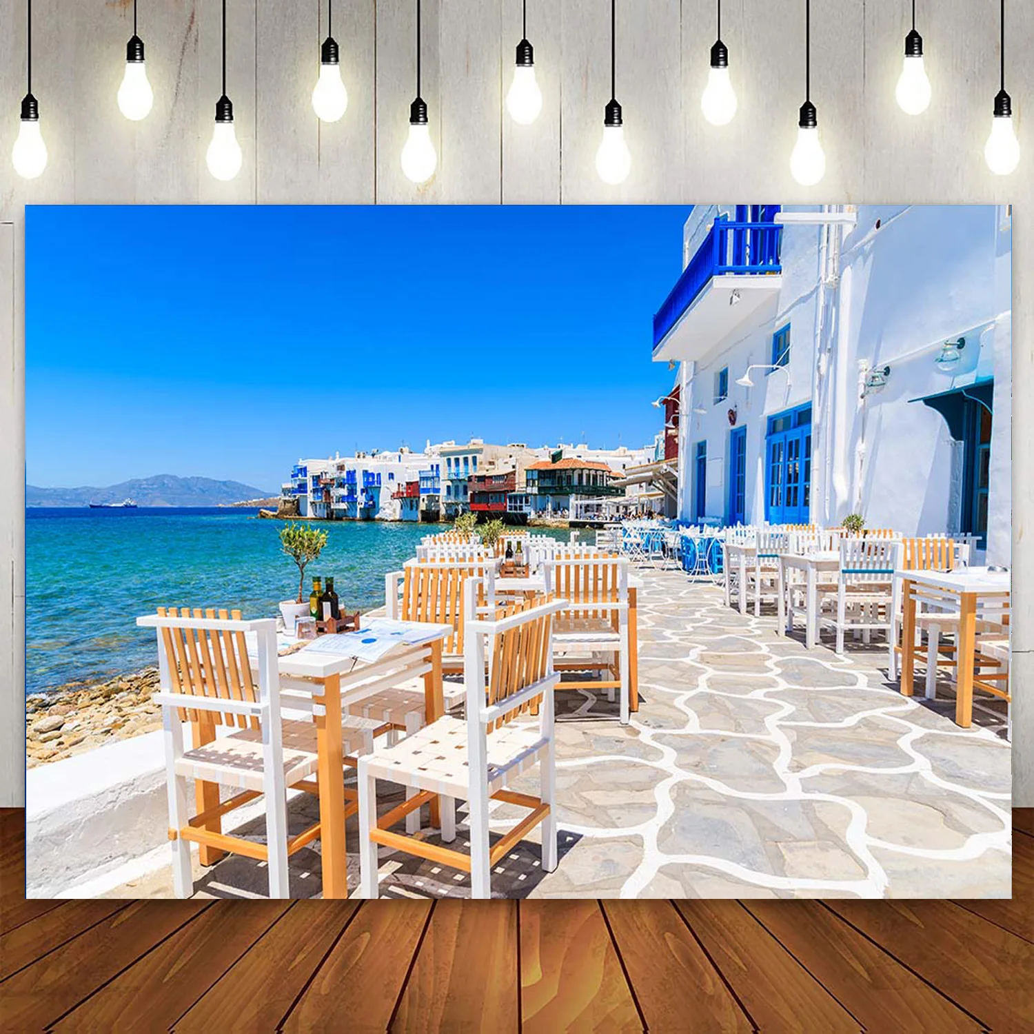 Santorini Birthday Party Backdrop Blue Coastline Greece Oia Town Landscape Photography Background Greek Banner Nature Scenery