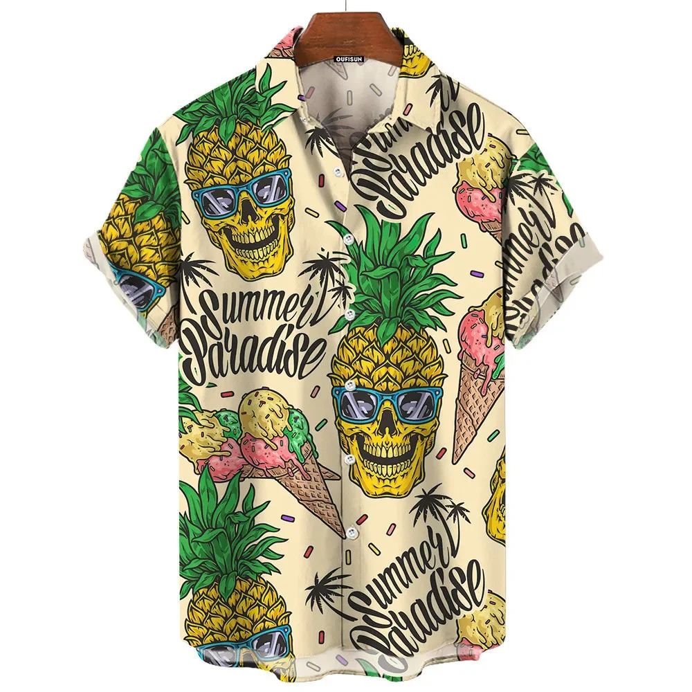 

Мужские гавайские рубашки с 3D-принтом ананасов и черепов, модная блузка, высококачественная мужская одежда, топы с коротким рукавом для пляжных вечеринок