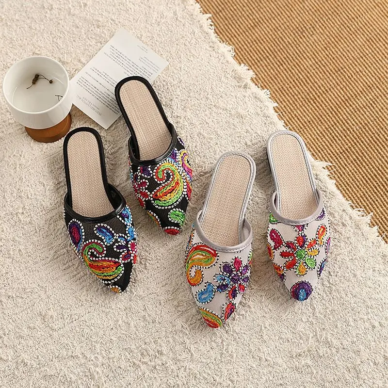Traditional Women's Embroidered Slippers Summer Pointed Toe Soft Insole Indoor Outdoor Slip On Shoes view 3
