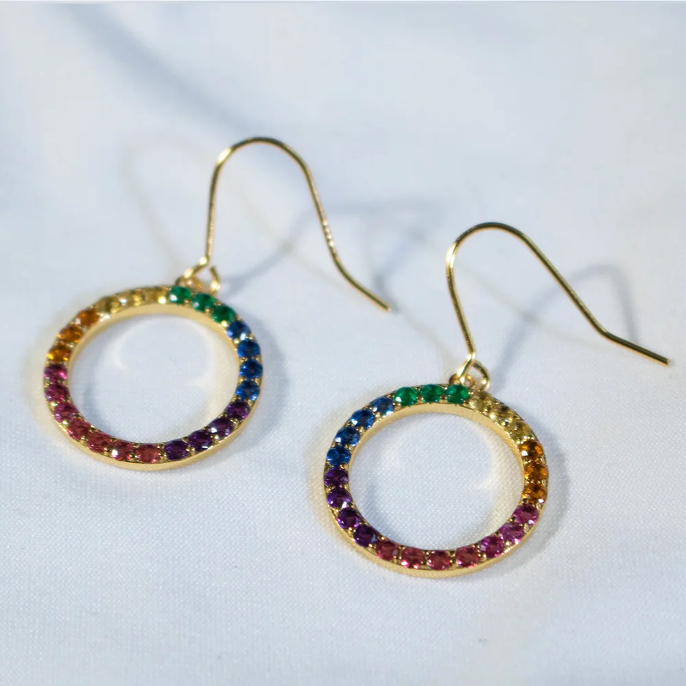 

Позолоченные радужные серьги 14 карат, круглые серьги-капли с разноцветным кубическим цирконием