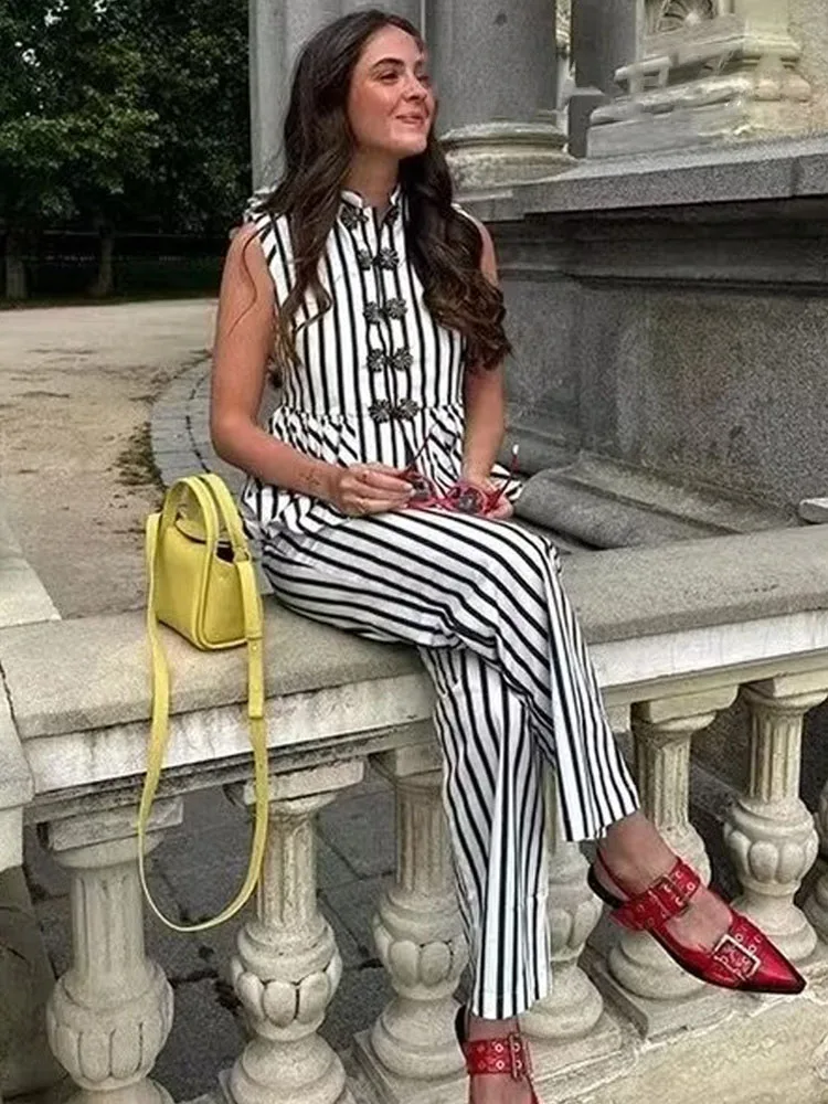 

HH Summer Fashion Women Suits Stripe Printing Sleeveless Lace-Up Decorate Blouses+Button Pocket Casual Wide Leg Pants Mujer