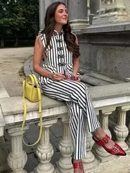 HH Summer Fashion Women Suits Stripe Printing Sleeveless Lace-Up Decorate Blouses+Button Pocket Casual Wide Leg Pants Mujer