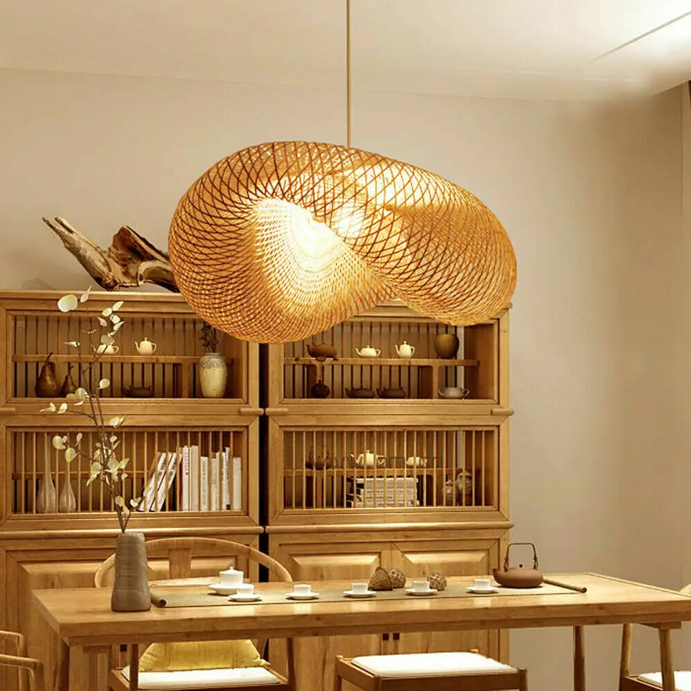 60cm Wooden Chandelier Hand Woven Novelty Pendant Ceiling Light Fixture Indoor Bamboo Lighting