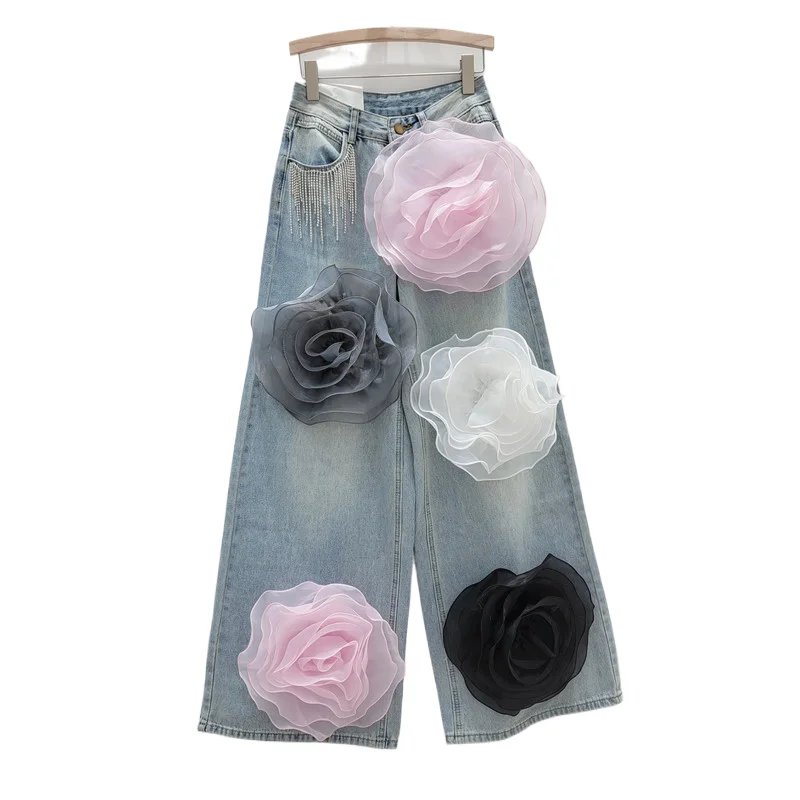

Heavy Industry Design Sense Three-dimensional Decoration High-waisted Jeans, New Korean-style Versatile Wide-leg Jeans for Women