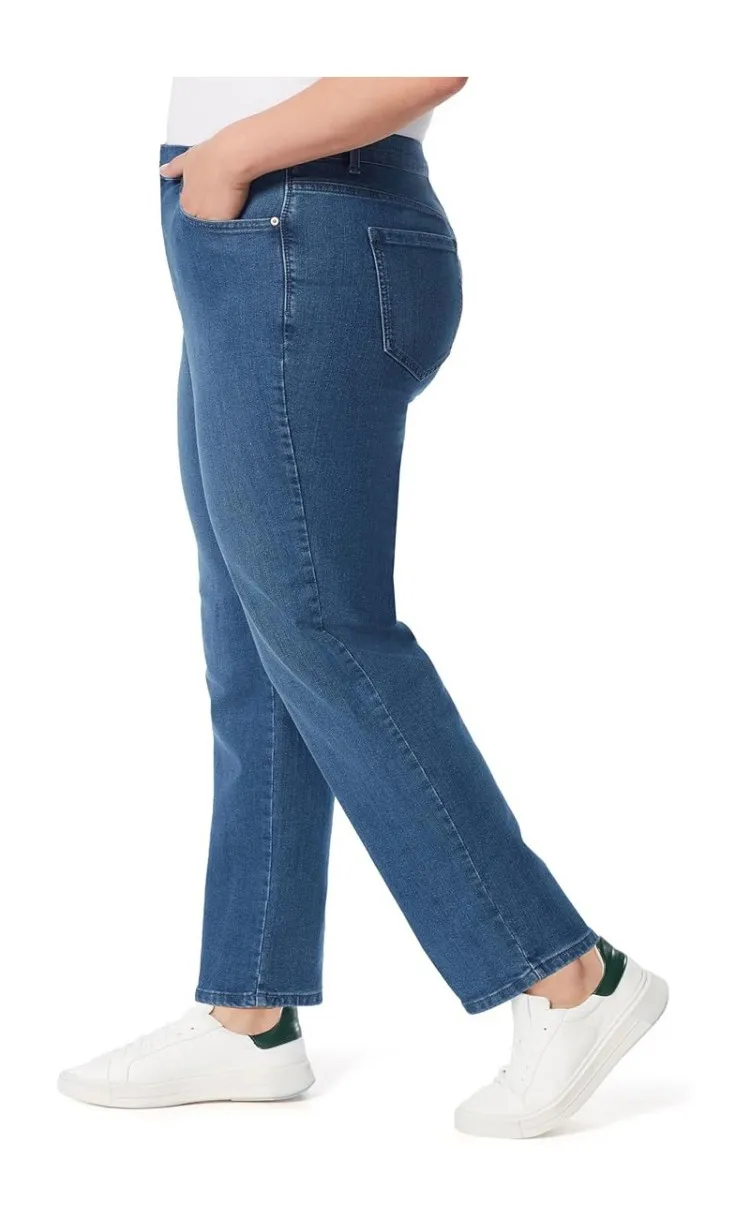 ZMTUO Calça jeans feminina solta reta de cintura alta com nove pontos stretch lavada tamanho grande
