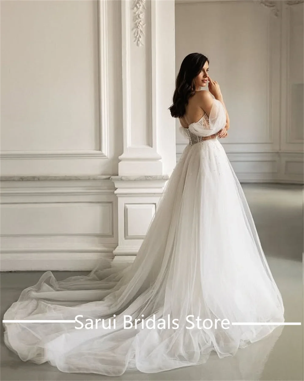 Modest Off the Shoulder Tulle A-line Women's Shiny Wedding Dress Backless A-line Wedding Gown with Pearls Sweep Trian Customized
