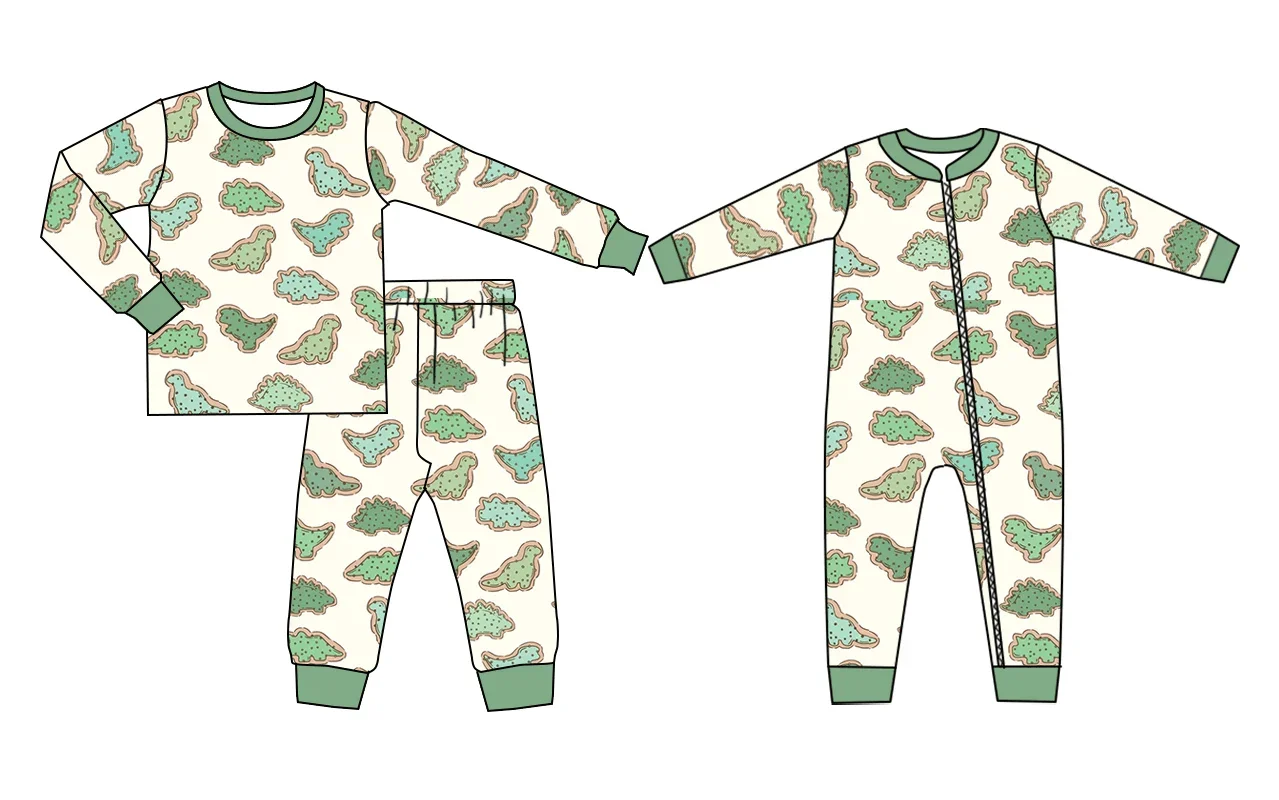 

New hot selling boutique children clothes long-sleeved dinosaur print trousers boys pajamas set baby zipper jumpsuit milk silk