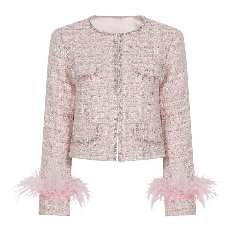 

Элегантное модное женское пальто-свитер с перьями и стразами, весенняя новинка, короткий и длинный рукав, темные цвета