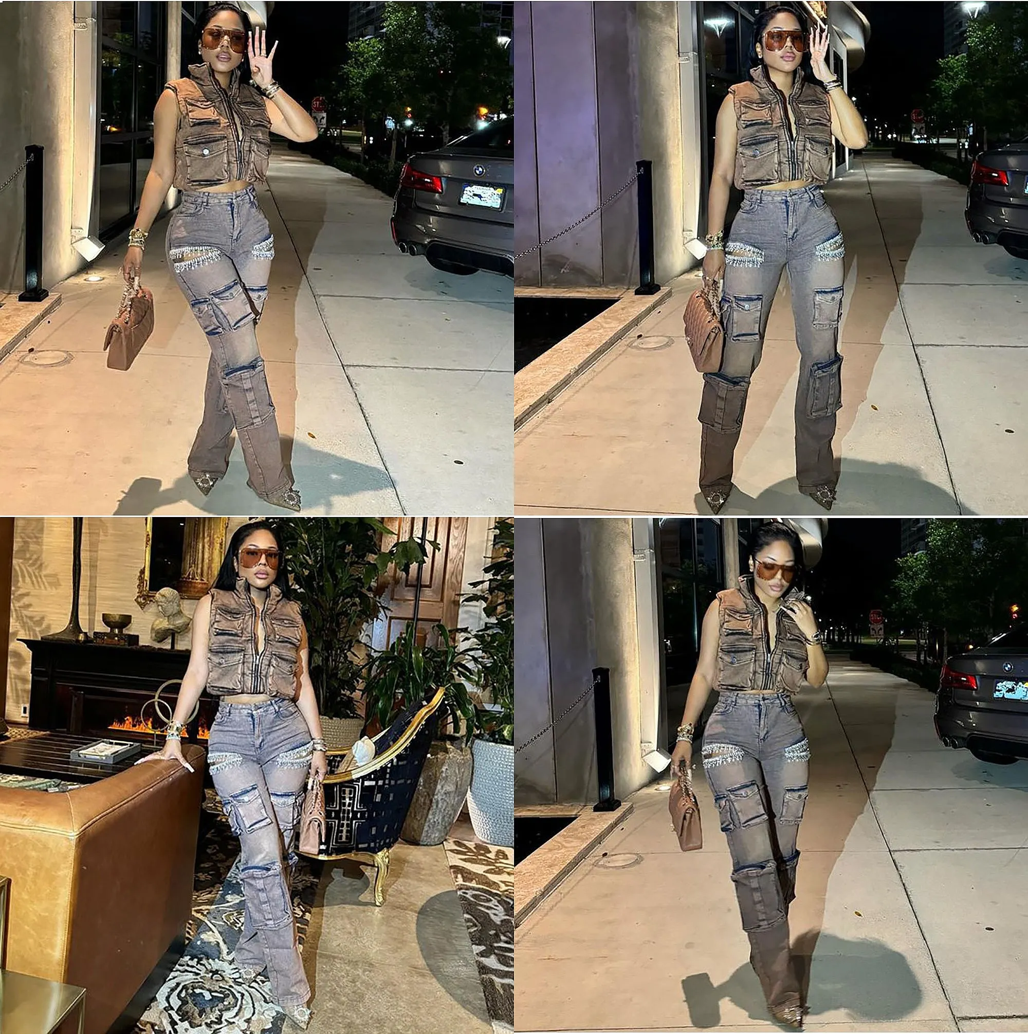 

Women Fashion Jeans Denim Pants Retro Fringe Rhinestone Multi Pocket Cargo Trousers Spring Summer