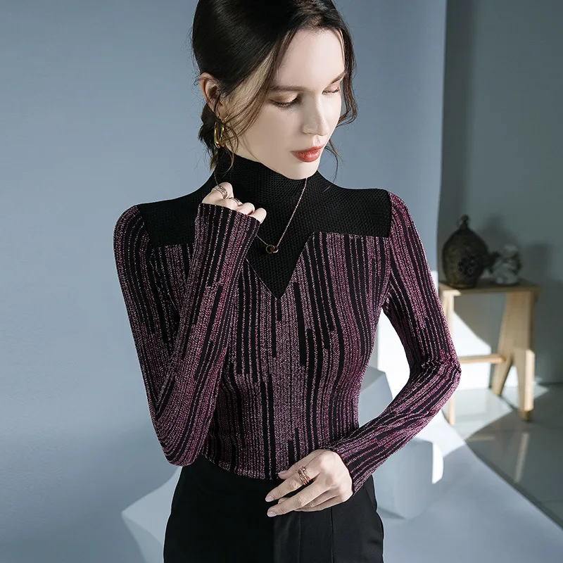 EVNISI Elegant Women Patchwork Thickening Warm Shirt Fall Winter Mock Neck Casual Long Sleeved T-shirt Women Bottoming Tops 2023