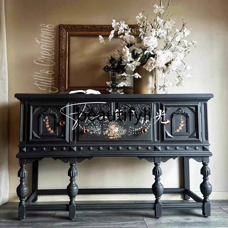 

French retro solid wood carving flower entrance cabinet painted flower decoration cabinet living room wall display cabinet