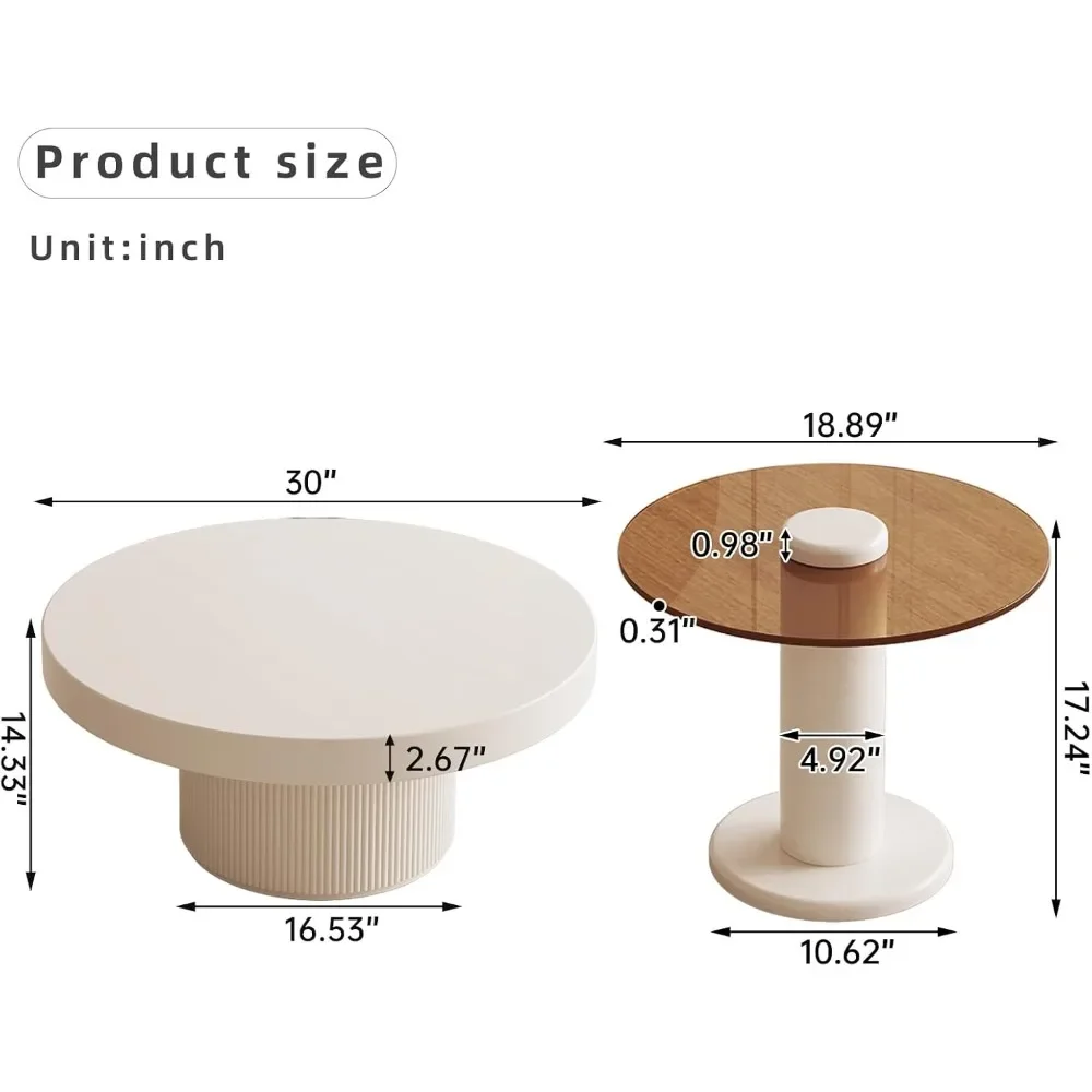 Coffee Table, Round Tables with Small End Tables, Set of 2 Side Table