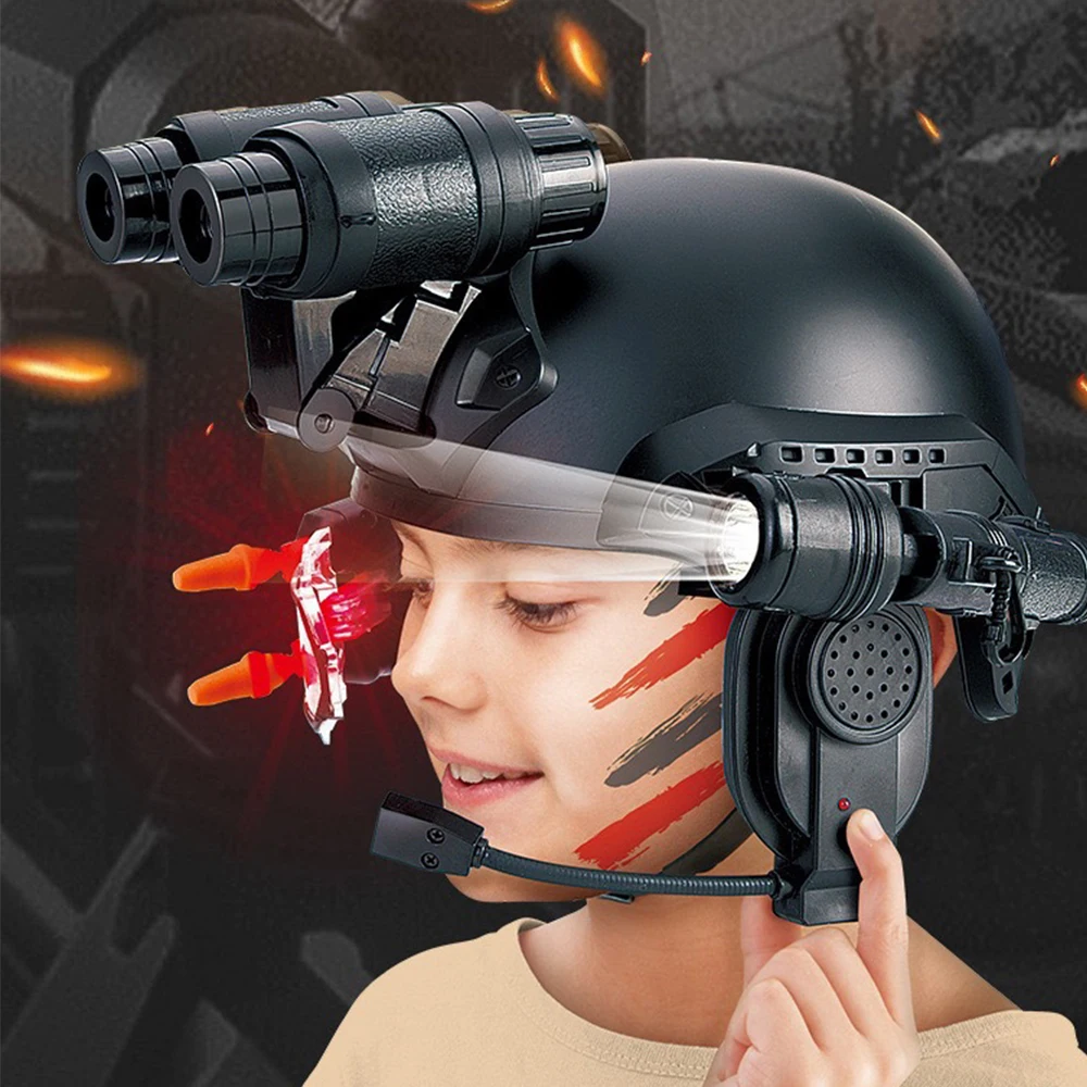 Juego de casco táctico para niños Casco protector extendido CS Con linterna, binoculares, mira láser y micrófono para misiles Para juegos de tiro con paintball