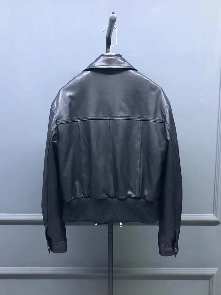 女性のファッションクラシックダブルジッパーターンダウン襟リアルシープスキンジャケット春秋ハイストリート本革アウター