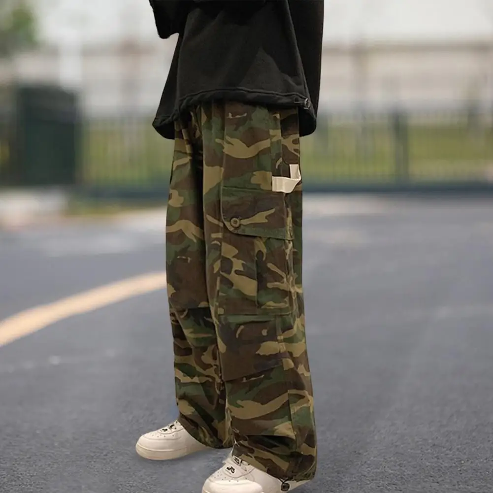 Straight Men Wide Leg Pants Camouflage Jogging Trousers Drawstring Elastic Waist Wide Male Casual Pants Vintage Cargo Pants