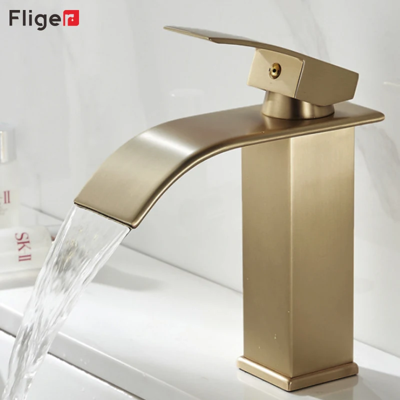 

Fliger Basin Faucet Waterfall Bathroom Faucet Washbasin Mixer Tap Hot Cold Water Sink Mixer Black Gold Crane grifo baño