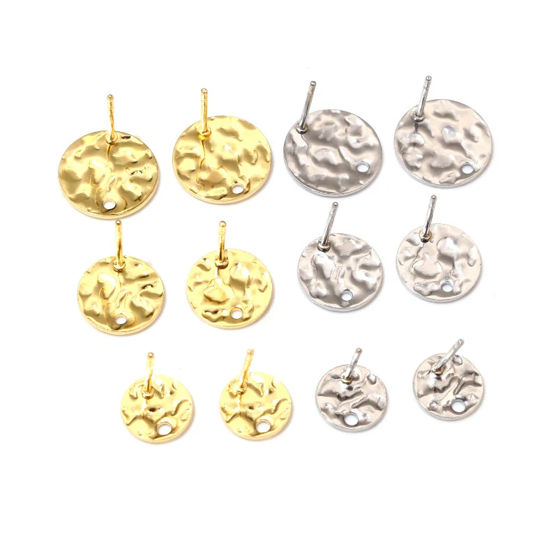 20pcs 6/8/10/12mm 316 Stainless Steel Gold Plated Pin Findings Stud Earring With Hole Connector For DIY Jewelry Making Supplies