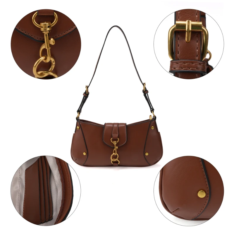Vielseitige Designer-Handtasche mit Karabinerhaken, Damen-Umhängetasche mit Schlüsselschloss-Schnalle, Motorrad-Einkaufstasche im Biker-Stil, Braun, Reißverschluss – Detail 6