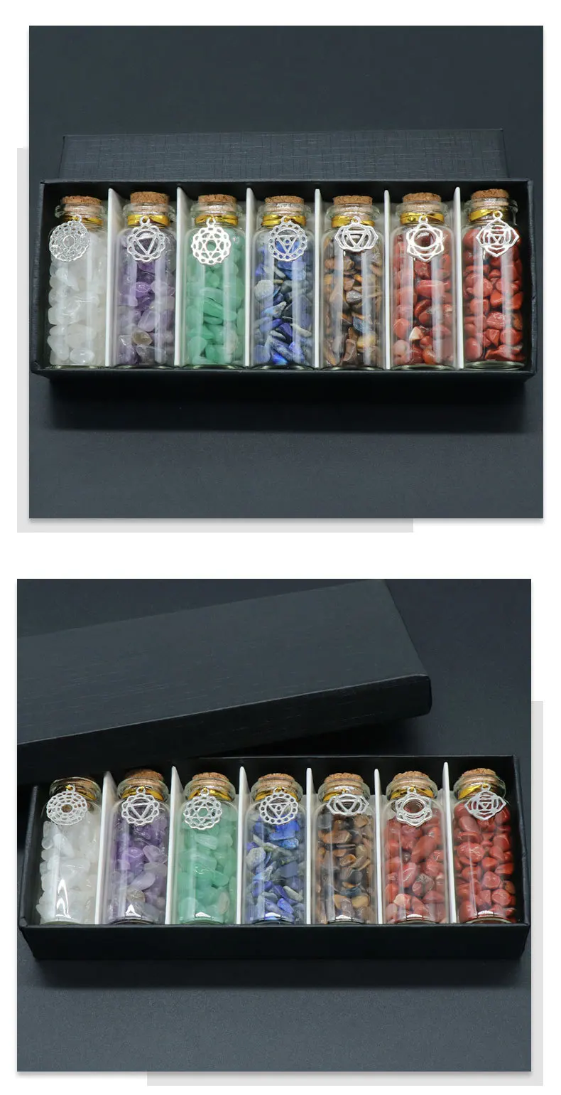 Fashion new good Natural Crystal Crushed Stone 7 Bottled Metal Symbol Charm Birthday Gift Colorful Box Decoration free shipping