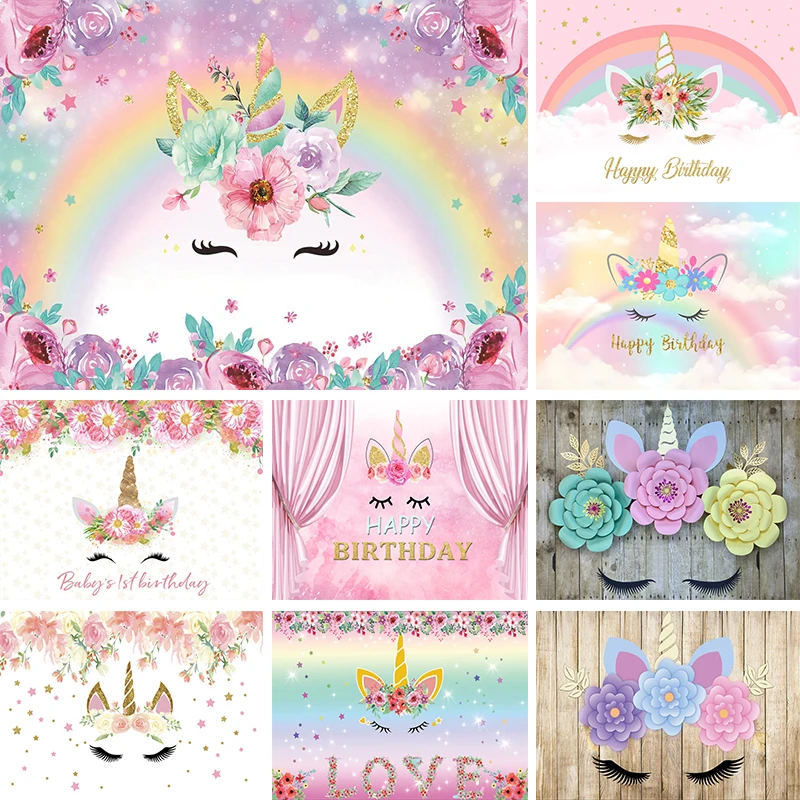 

Unicorn Birthday Party Background Theme Decoration Kids Girls Rainbow Flowers Wood Plank Photography Backdrop Purple Glitter