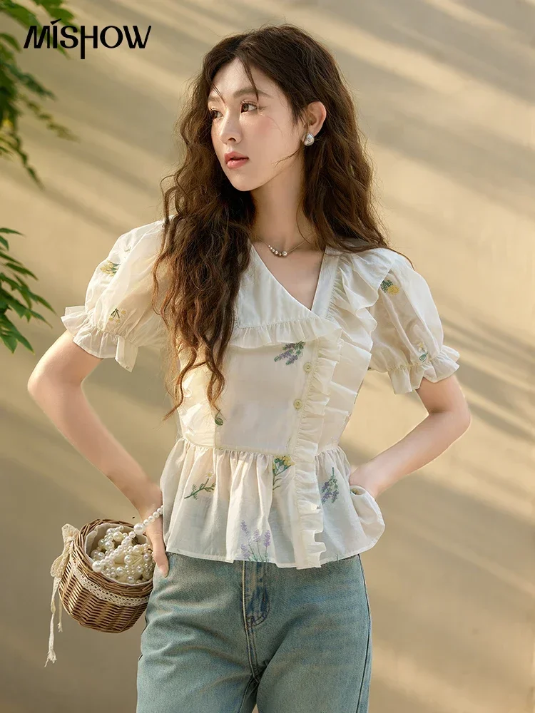 MISHOW Women\'s Sweet Embroidery Flower Blouses 2023 Summer Puff Sleeve Asymmetric V Neck Turn-down Collar Chiffon Top MXC36C0032