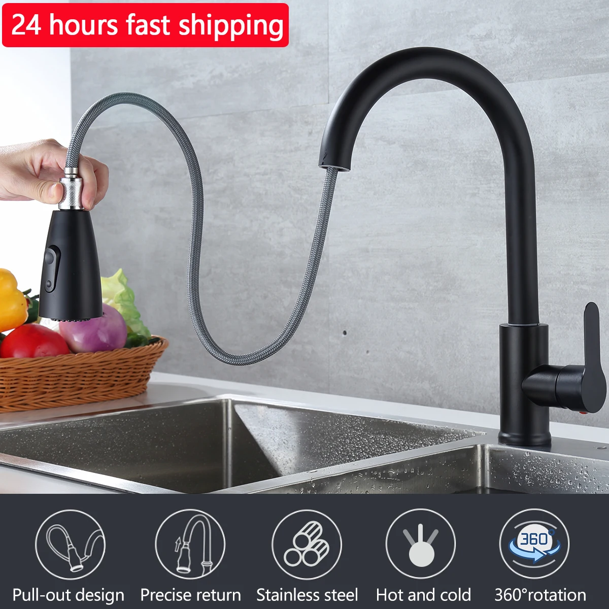 Kitchen Faucet Pull Out Tap 2 Function Stream Sprayer Single Handle 304 Stainless Steel Kitchen Sink Pop Cold Water Mixer Taps