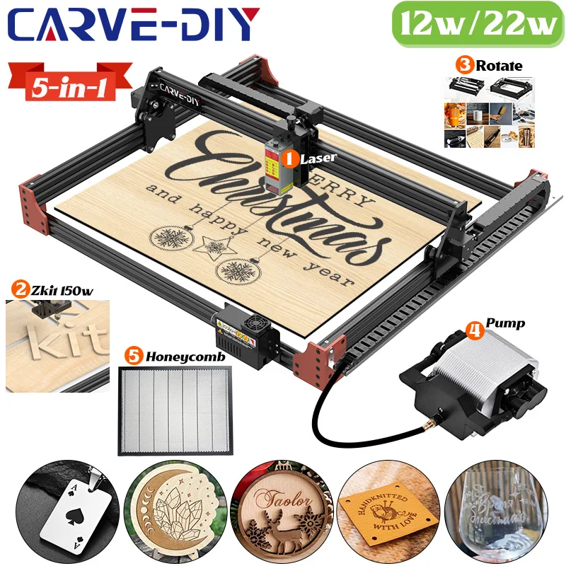 CARVE-DIY Laser Machine 12W Air Assist Pump CNC Wood Carving Machine 150W Spindle 22W Laser Engraver Glass Leather