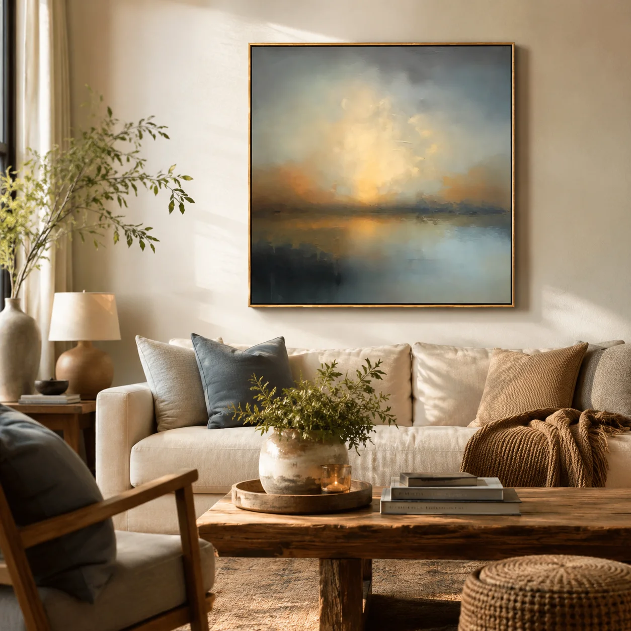 Glowing Horizon – Hand-Painted Atmospheric Sunset Lake Abstract Landscape Painting | Contemporary Landscape Living Room & Dining