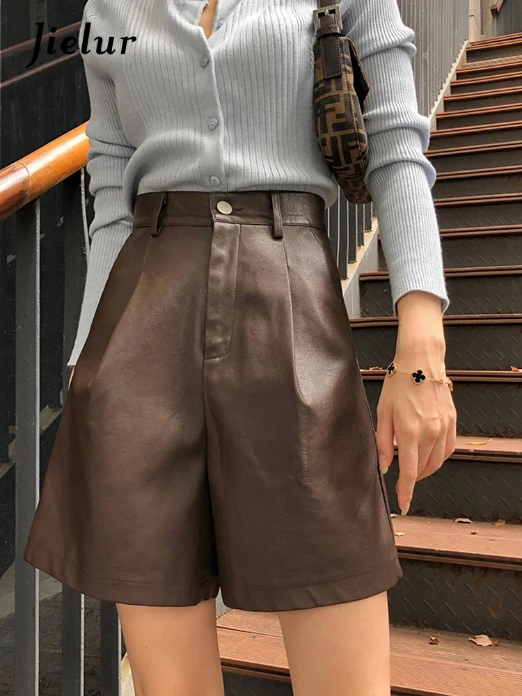 Jielur Faux Leather Bermuda Shorts Vintage Chic Imitation PU Shorts Women Fall Winter Wide Leg Loose Casual Shorts Black S-2XL