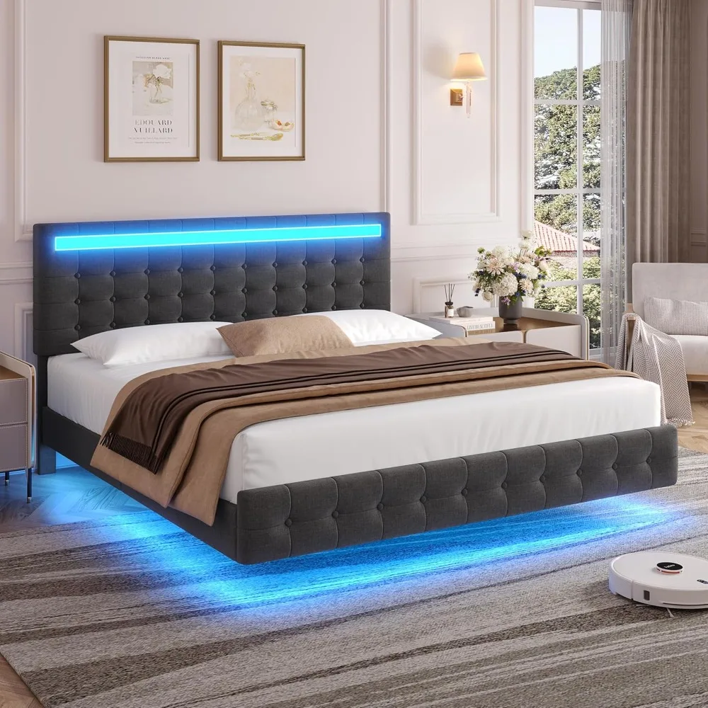 Large Bedstead with LED Light, Visible Floating Bed, Upholstered Fabric Headboard and Tailboard, Platform Bed with Plank Support