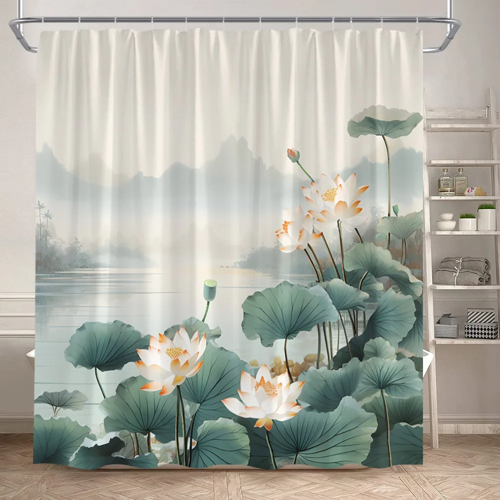 Lotus Shower Curtains White Floral Green Leaves Plant Chinese Style Art Bath Curtain Polyester Bathroom Bathtub Decor With Hooks