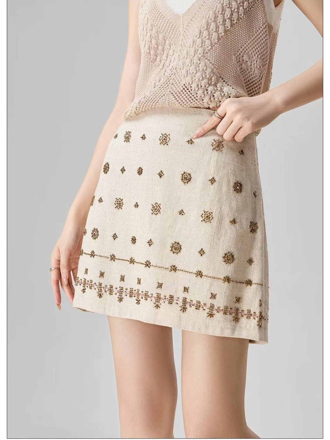 

Retro Floral Beaded Heavy Embellished A-Line Skirt Women's Design Sensation Elegant High Waist Linen Short Skirt